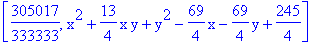 [305017/333333, x^2+13/4*x*y+y^2-69/4*x-69/4*y+245/4]